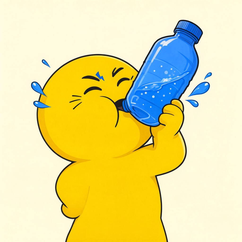 Original round yellow mascot chugging water from an oversized blue bottle